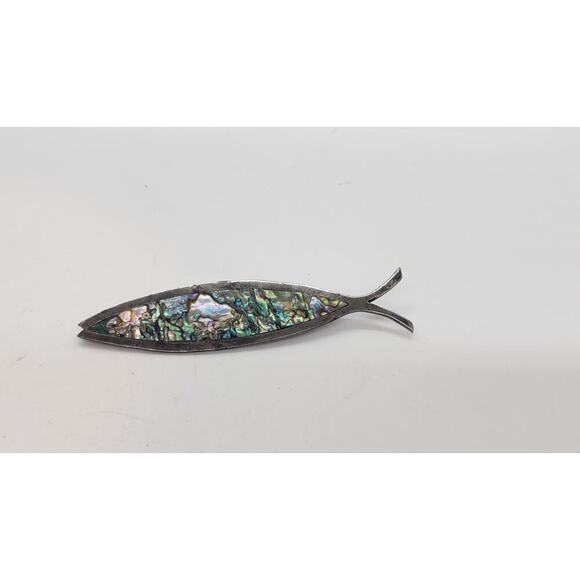 Mexico Brooch Taxco Sterling Silver & Abalone Inlay Fish Deep Sea Signed - Picture 3 of 14